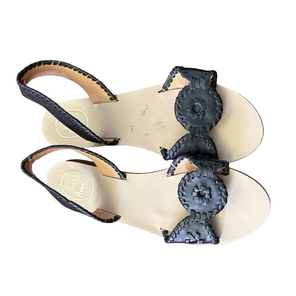 Jack Rogers Black Leather Woven Medallion Sandals